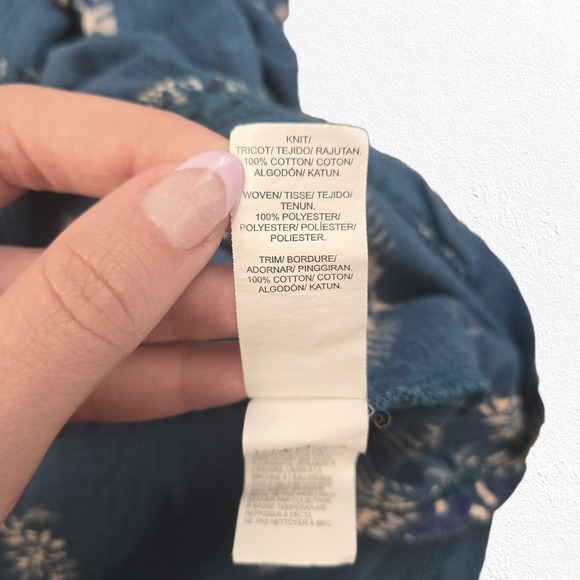 Y2K Lucky Brand Teal Blue Floral Peasant Blouse Boho Button Front Top Size Small - Picture 10 of 12